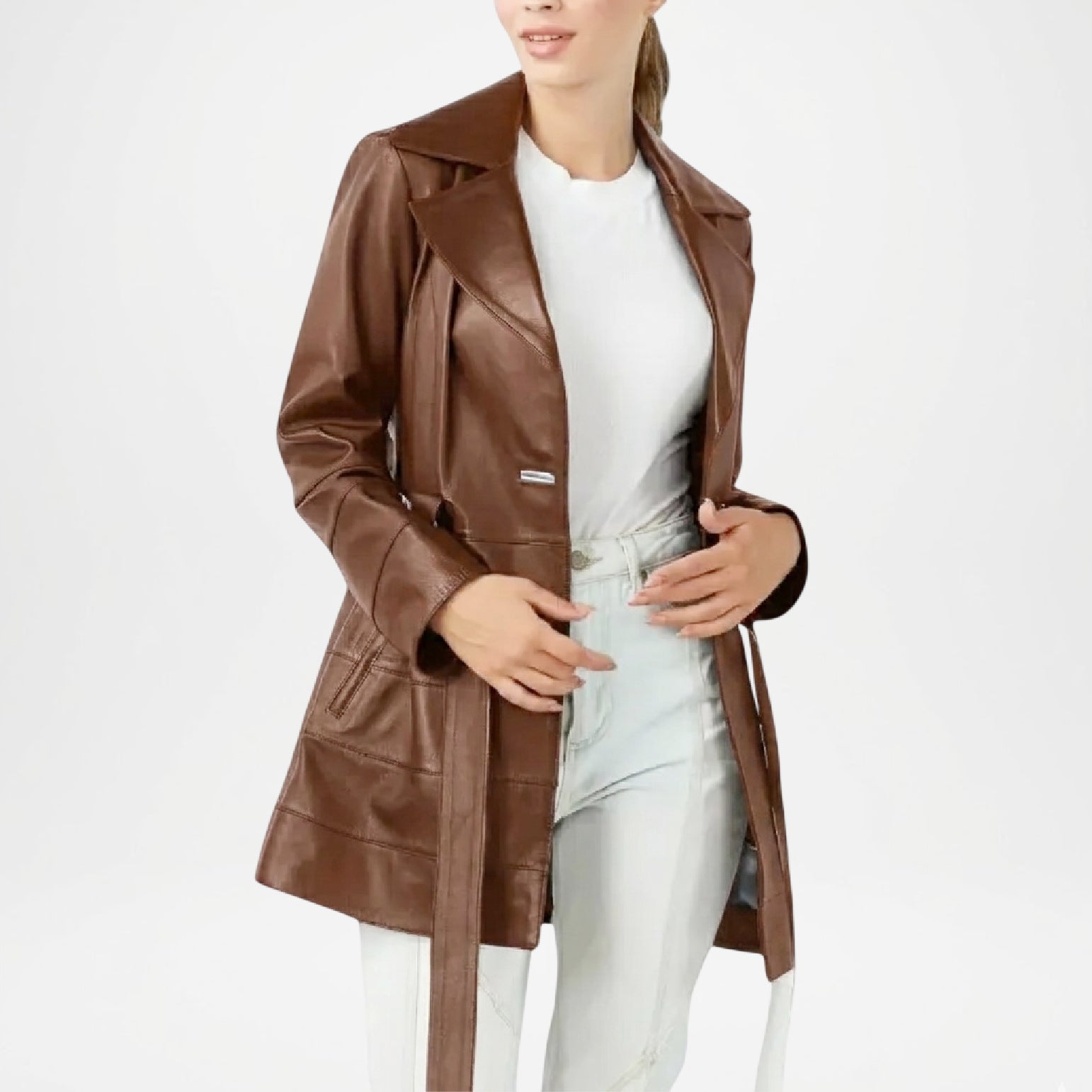 brown long leather coat women trench