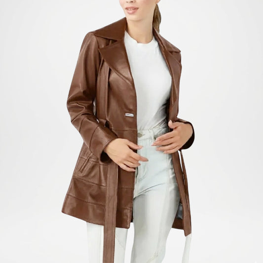 brown long leather coat women trench