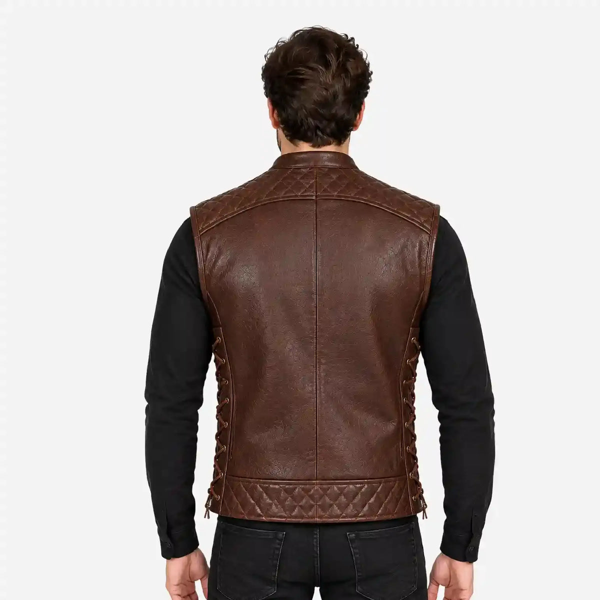 back view of brown leather vest for men