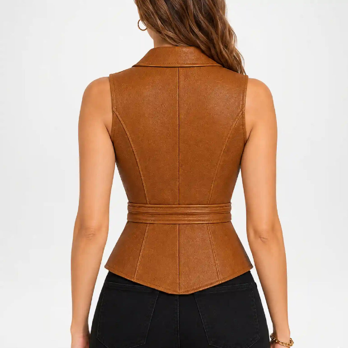 back view of brown leather vest womens​