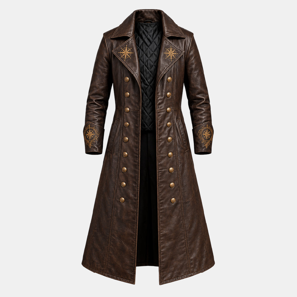 A long brown faux-leather coat with gold-toned buttons, starburst embroidery on the lapels and cuffs, and a black quilted inner lining, shown against a light gray background.