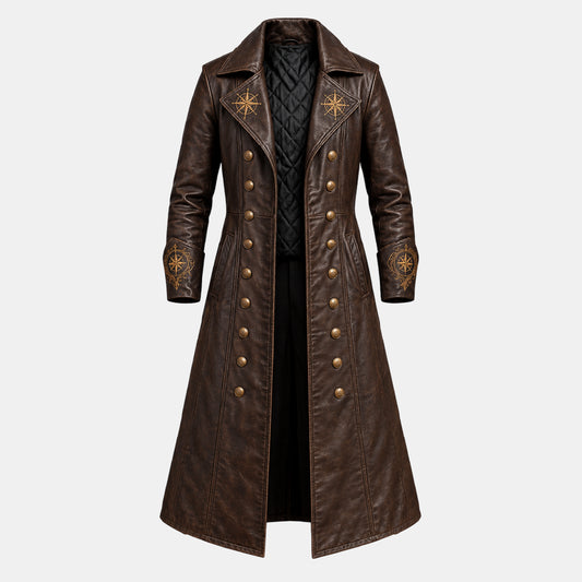 A long brown faux-leather coat with gold-toned buttons, starburst embroidery on the lapels and cuffs, and a black quilted inner lining, shown against a light gray background.