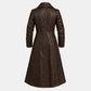 A dark brown faux-leather long coat with a pointed collar and long sleeves, shown from the back against a light gray background.