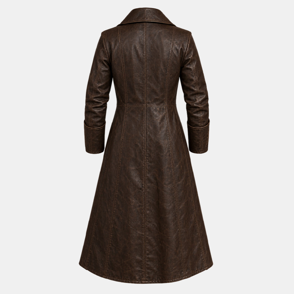 A dark brown faux-leather long coat with a pointed collar and long sleeves, shown from the back against a light gray background.
