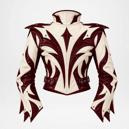 back view of burgundy white designer leather jacket