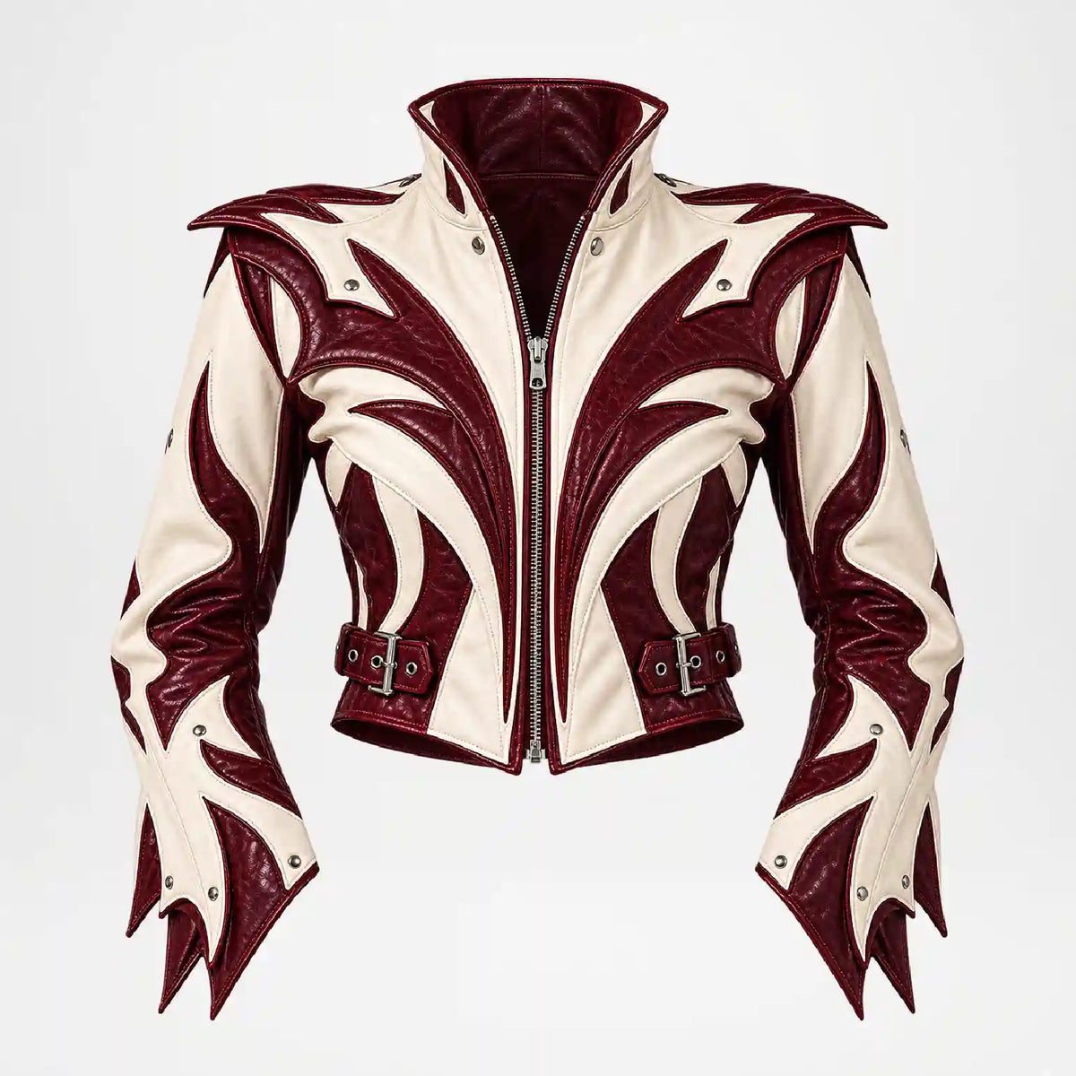 burgundy white designer leather jacket