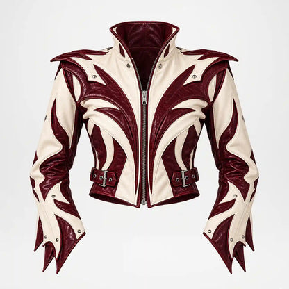 burgundy white designer leather jacket