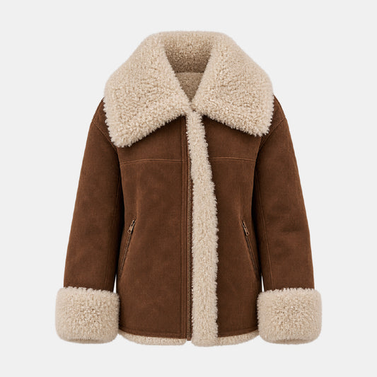 A brown suede shearling jacket with a large cream-colored fleece collar, zipper trim, and matching cuffs, shown against a plain light gray background.