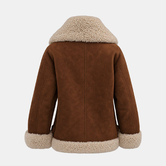 A brown suede shearling jacket shown from the back, featuring a thick beige sherpa lining on the collar, cuffs, and hem, set against a plain light gray background.