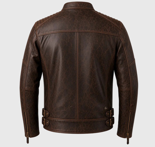 A dark brown distressed leather jacket shown from the back, featuring a high collar, quilted shoulder panels, and belt buckle details at the waist, set against a plain white background.