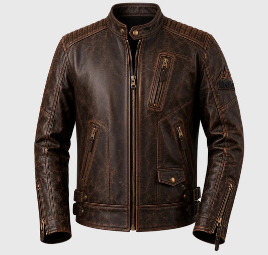 A dark brown distressed leather motorcycle jacket with gold-toned zippers and hardware, shown on a plain white background.
