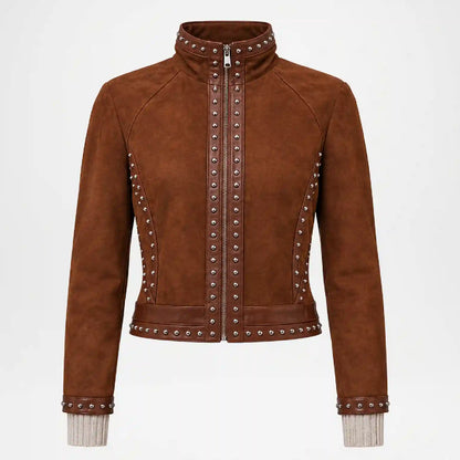 A brown suede cropped jacket with a stand-up collar, front zipper, and silver-tone metal studs, shown on a plain light gray background.