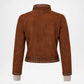 A brown suede jacket with silver-tone metal studs, shown from the back on a white background.