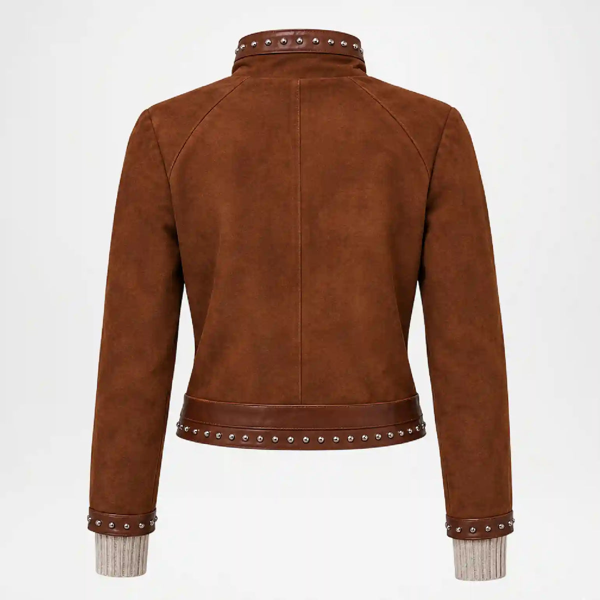 A brown suede jacket with silver-tone metal studs, shown from the back on a white background.