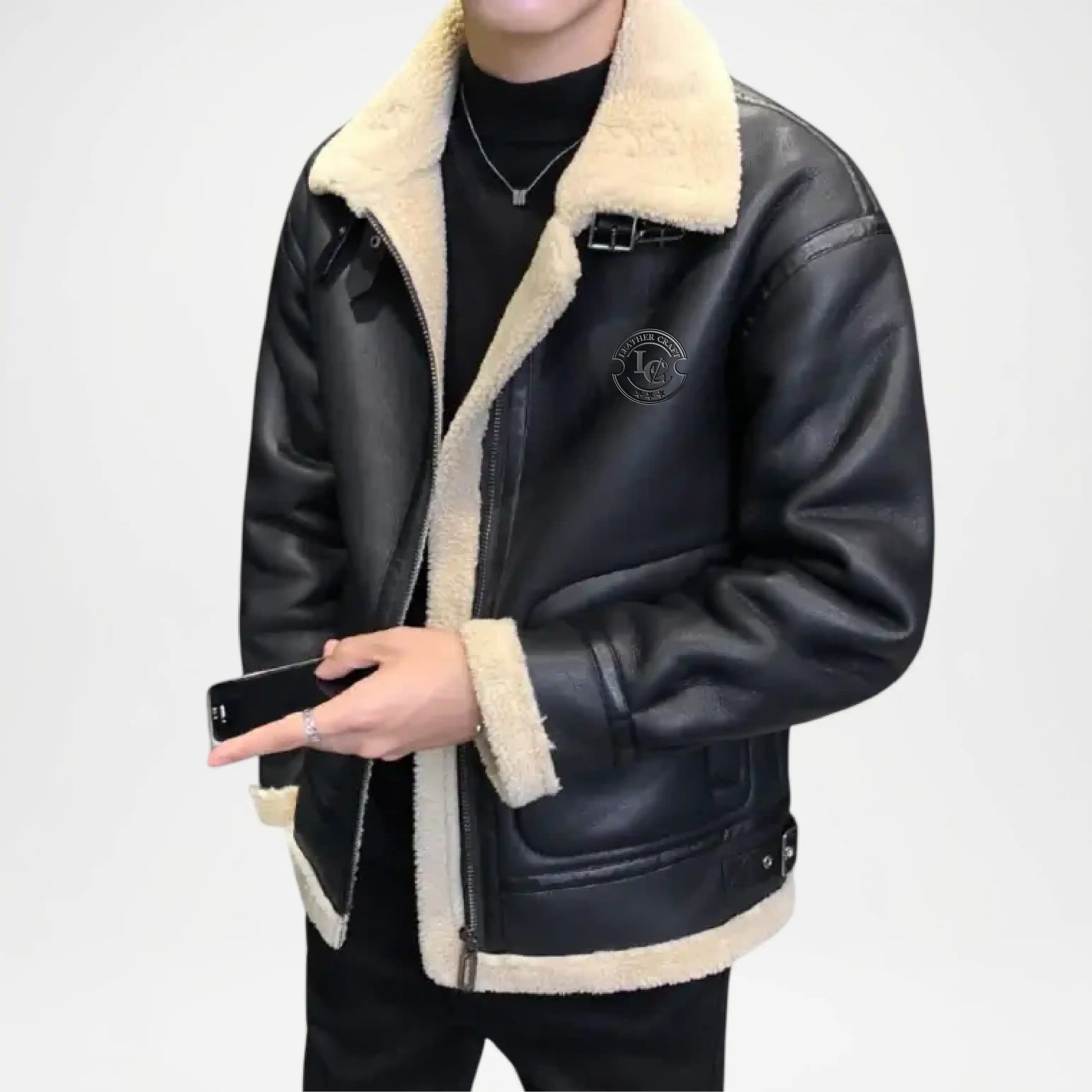 black bomber jacket shearling collar

