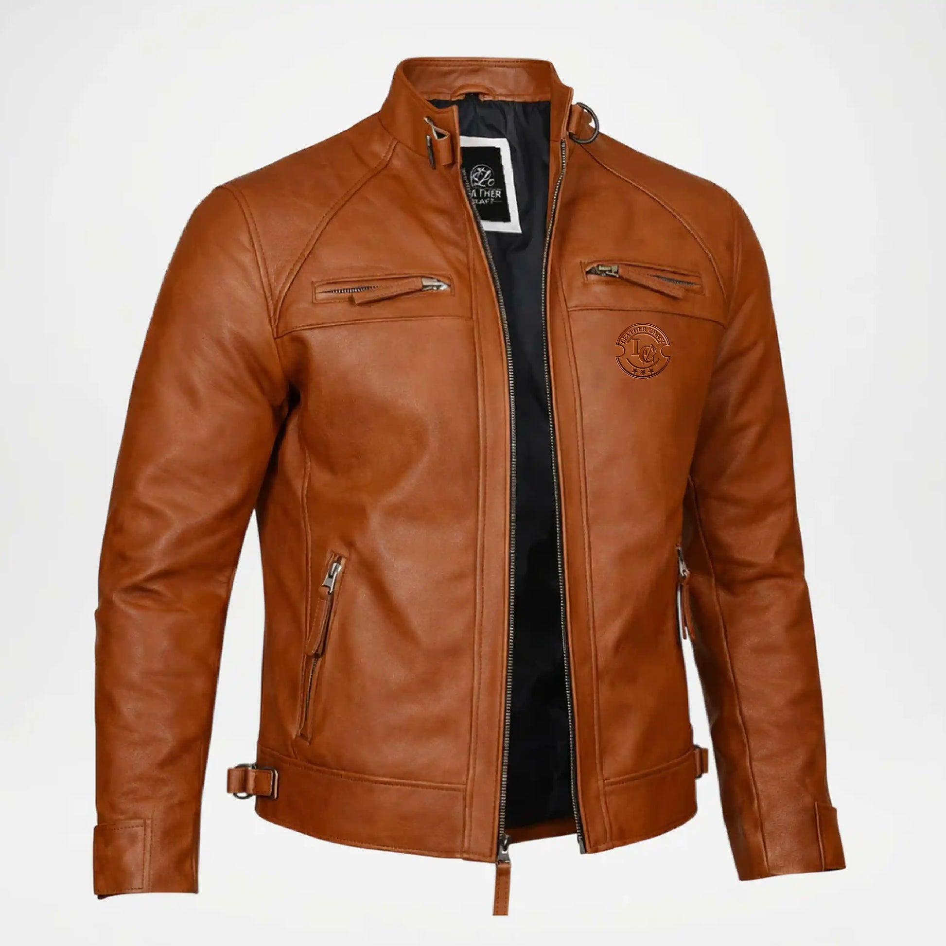 men's brown leather moto jacket