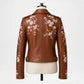 Back view of Floral Brown Leather Biker Jacket for Women