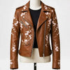 Floral Brown Leather Biker Jacket for Women front view