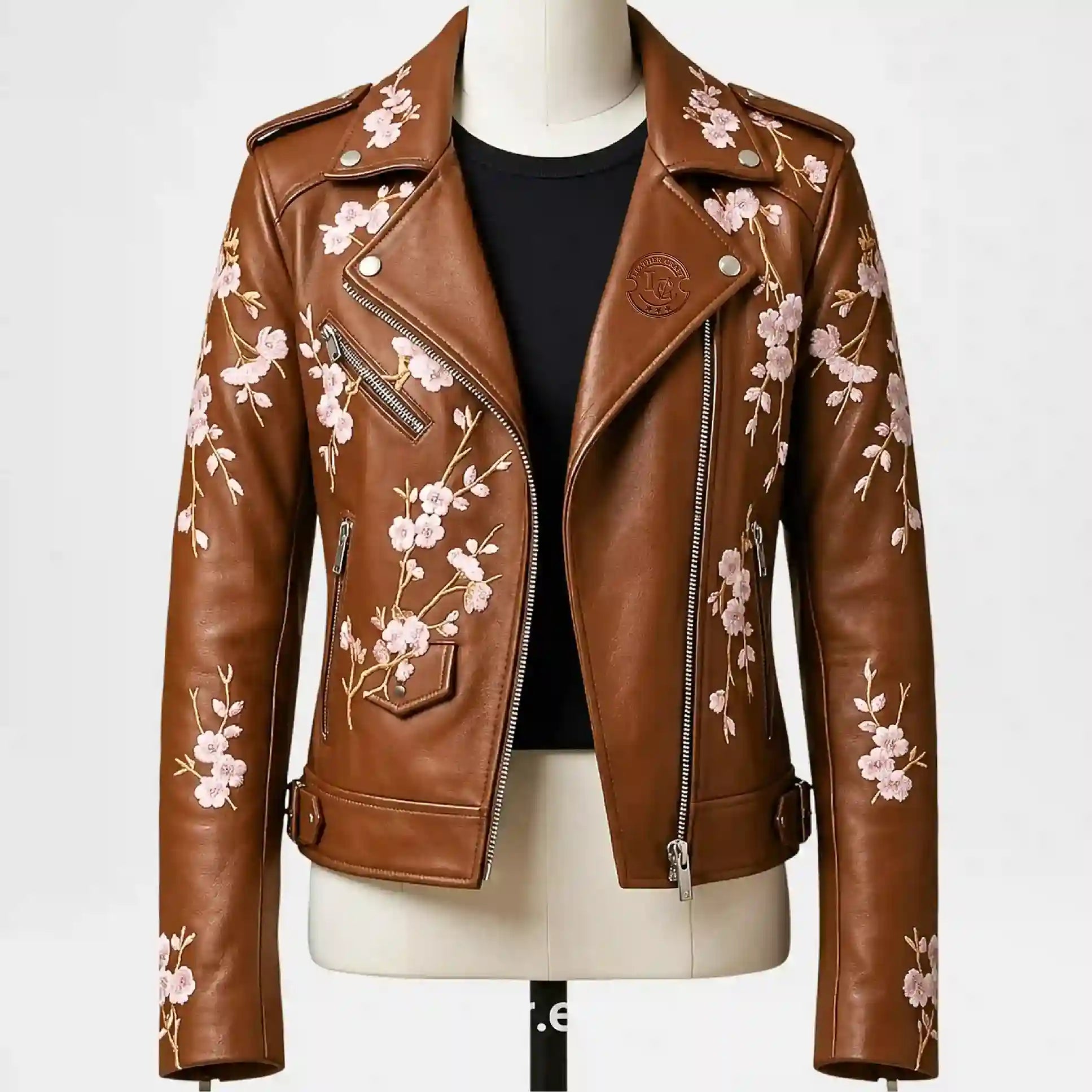 Floral Brown Leather Biker Jacket for Women front view