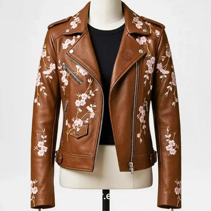Floral Brown Leather Biker Jacket for Women front view