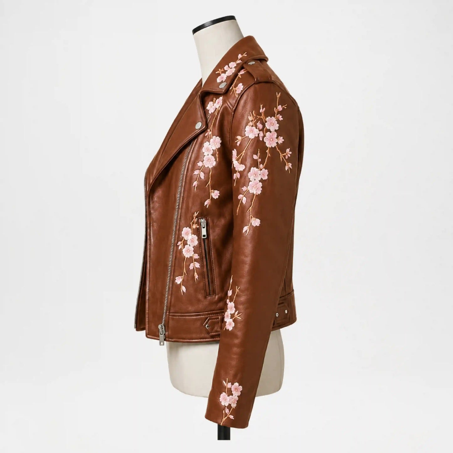 Side profile of Floral Brown Leather Biker Jacket for Women