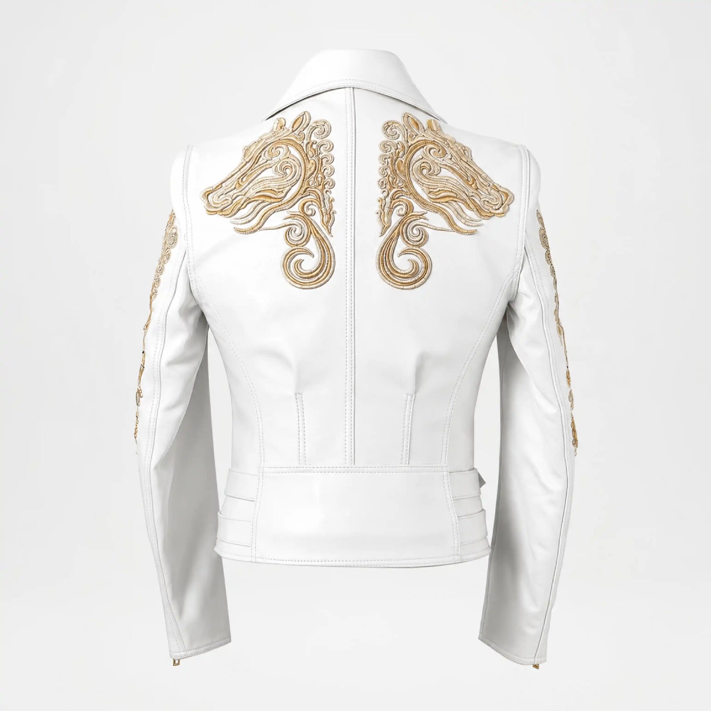 Back view of Gold Embroidered White Biker Jacket for Women