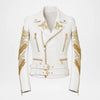 Gold Embroidered White Biker Jacket for Women front view