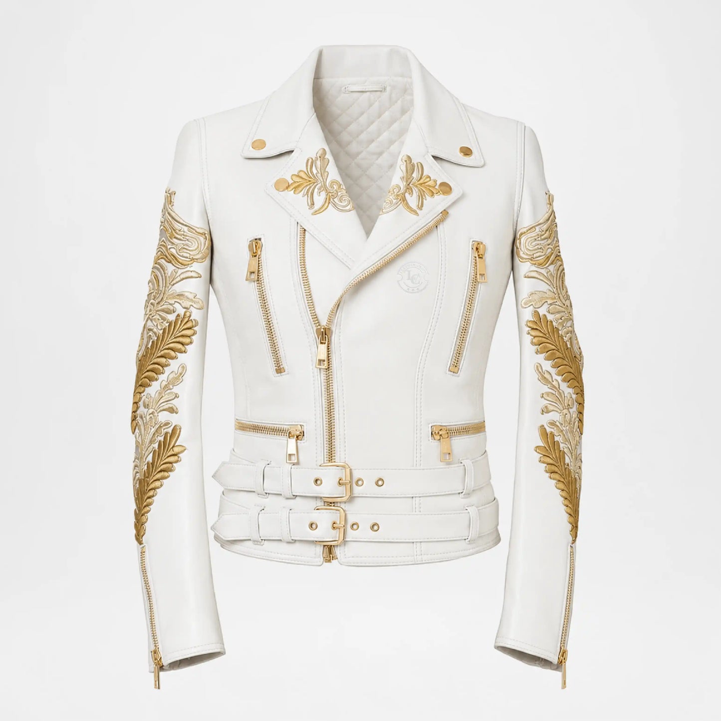 Gold Embroidered White Biker Jacket for Women front view
