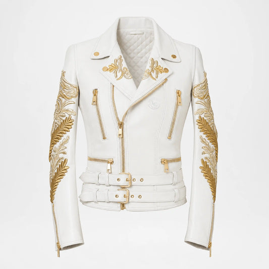 Gold Embroidered White Biker Jacket for Women front view