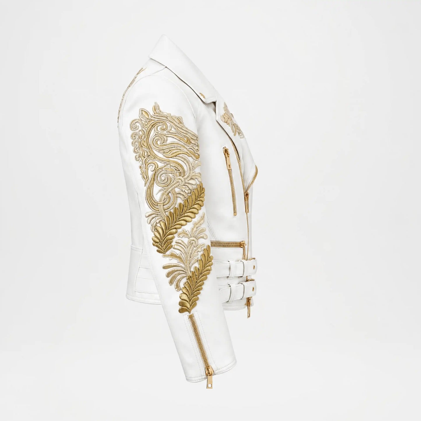 Side profile of Gold Embroidered White Biker Jacket for Women