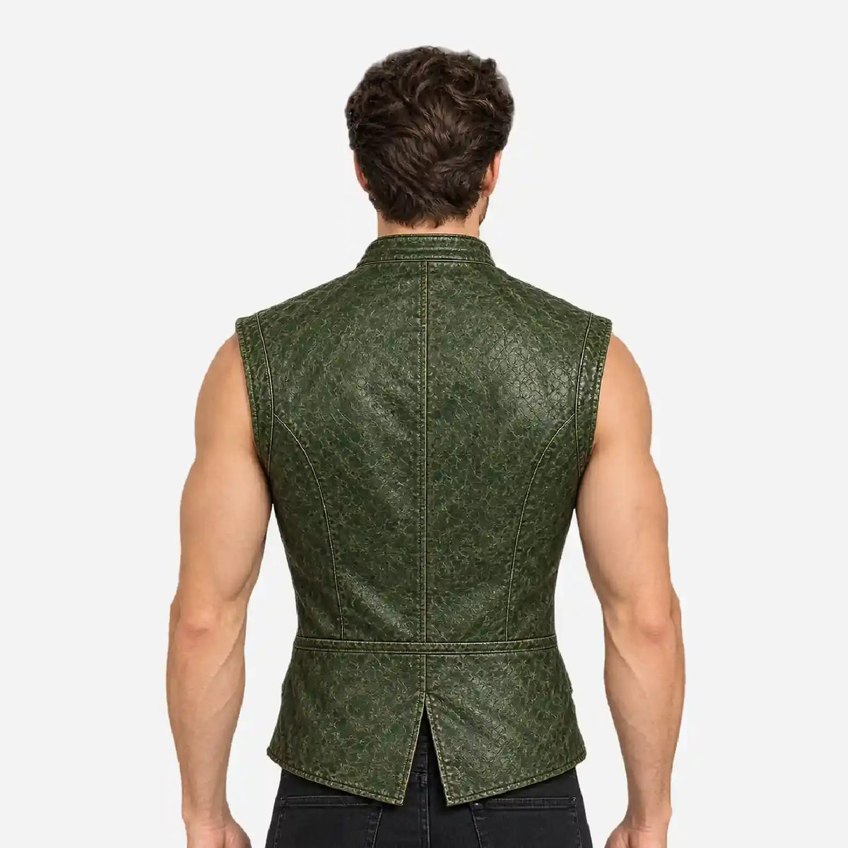 green leather vest back view