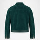 A dark green suede jacket shown from the back, featuring a collar, long sleeves, and silver zipper details on the cuffs and lower back, set against a plain white background.