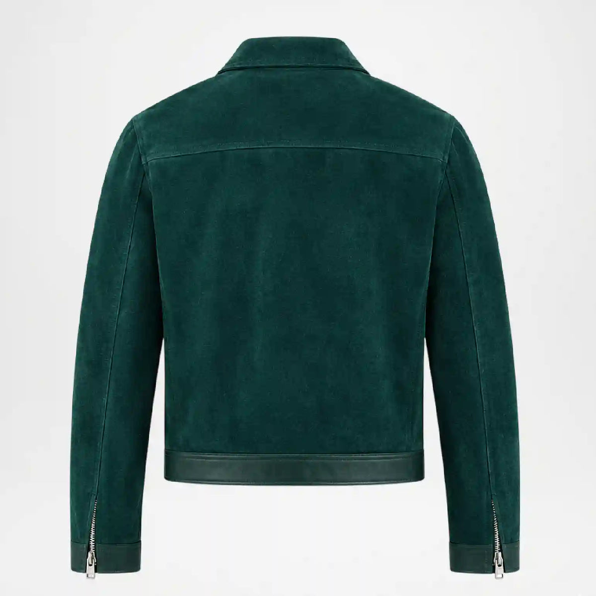 A dark green suede jacket shown from the back, featuring a collar, long sleeves, and silver zipper details on the cuffs and lower back, set against a plain white background.
