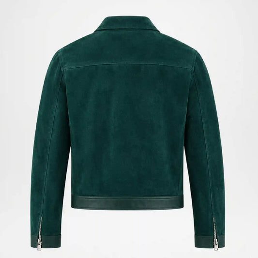A dark green suede jacket shown from the back, featuring a collar, long sleeves, and silver zipper details on the cuffs and lower back, set against a plain white background.