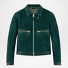 A dark green suede jacket with silver zippers, a pointed collar, and zippered chest pockets, shown on a plain light gray background.