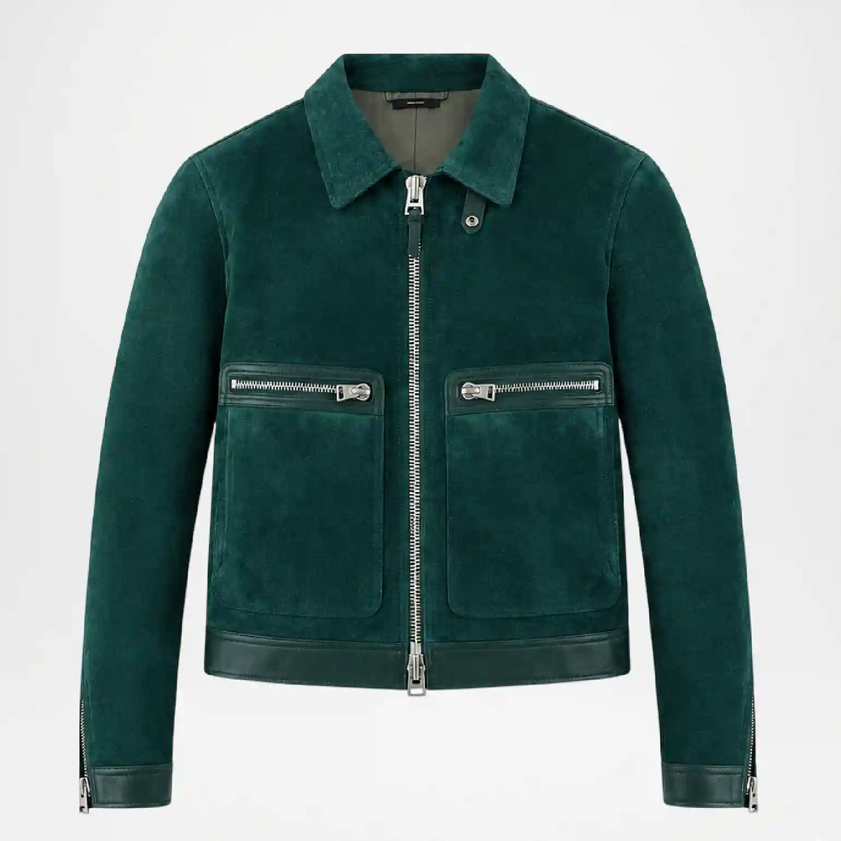 A dark green suede jacket with silver zippers, a pointed collar, and zippered chest pockets, shown on a plain light gray background.