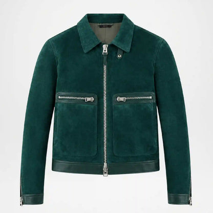A dark green suede jacket with silver zippers, a pointed collar, and zippered chest pockets, shown on a plain light gray background.