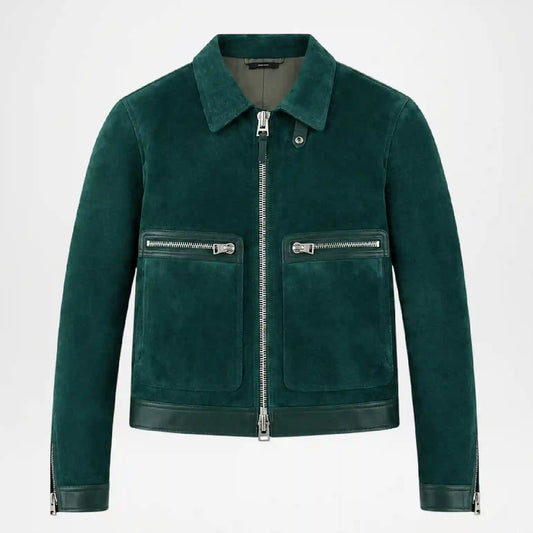 A dark green suede jacket with silver zippers, a pointed collar, and zippered chest pockets, shown on a plain light gray background.