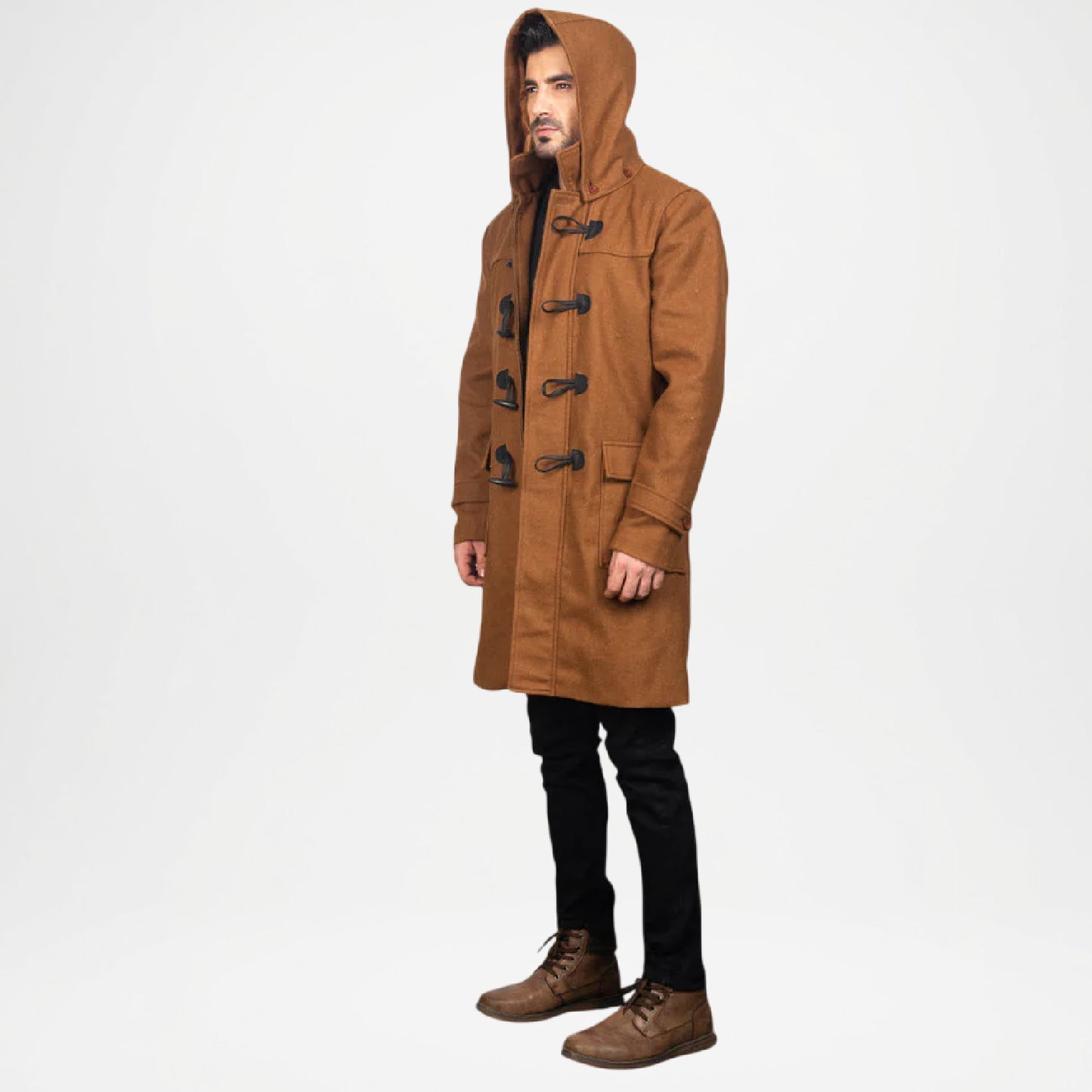 Brown Hooded Duffle Coat for Men