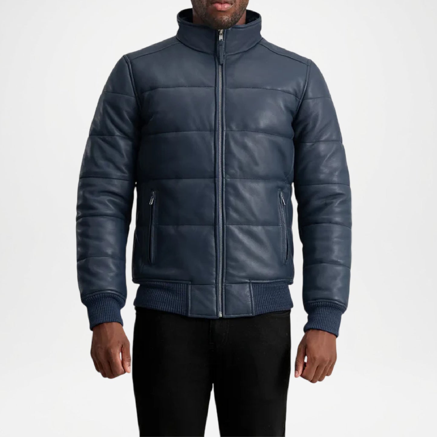 blue leather puffer