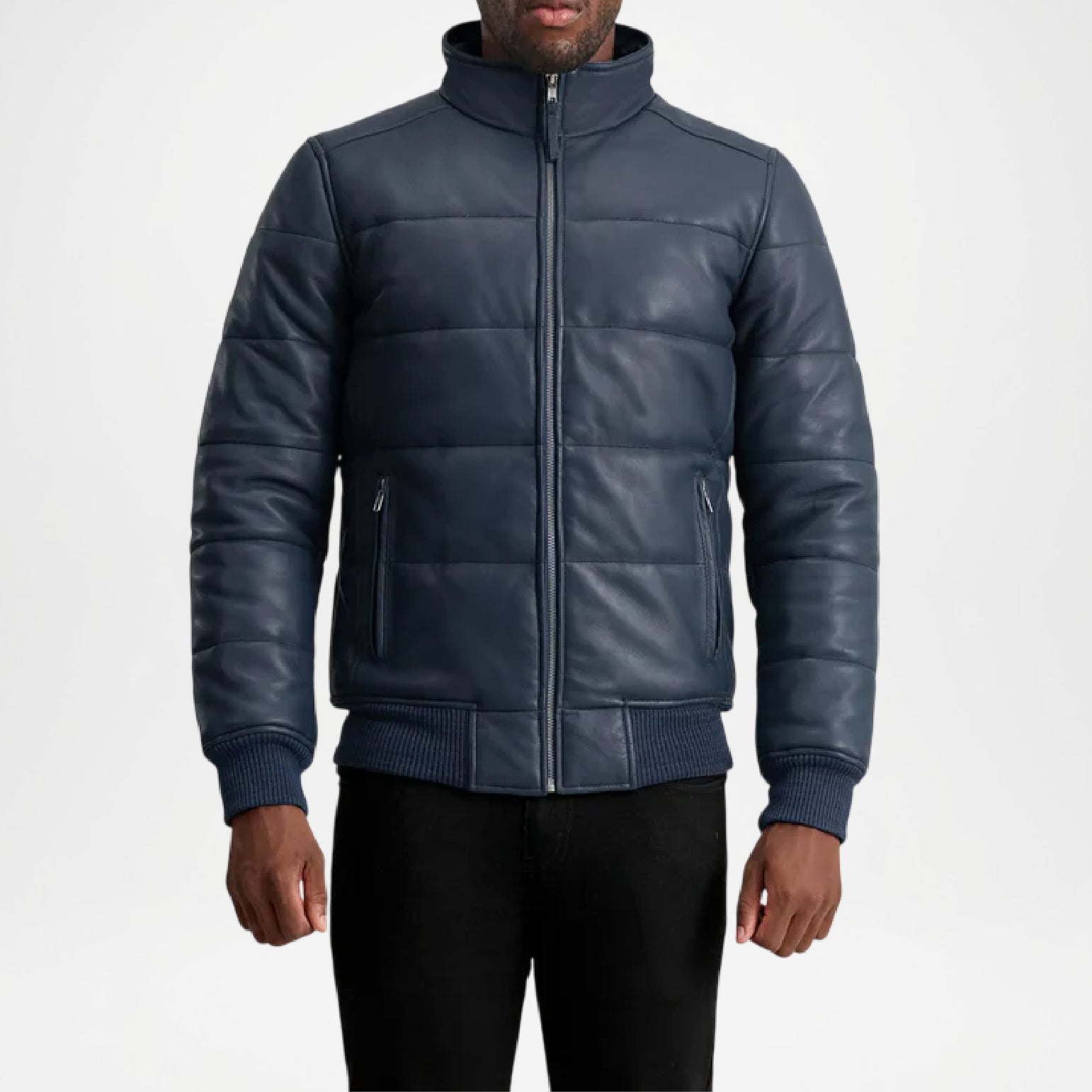 blue leather puffer