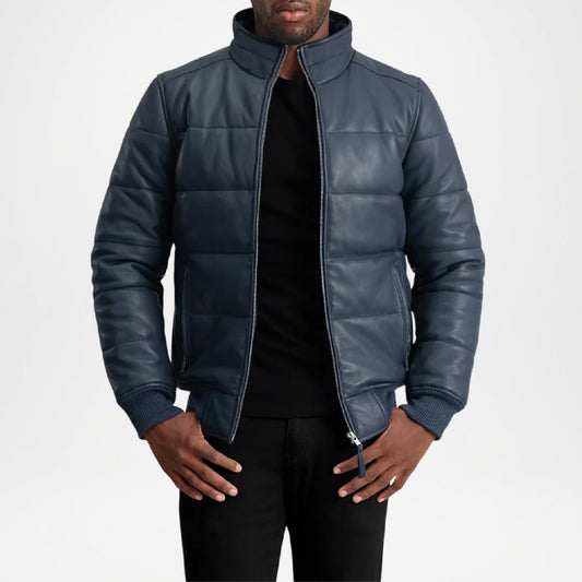 Man wearing a blue puffer jacket on a white background