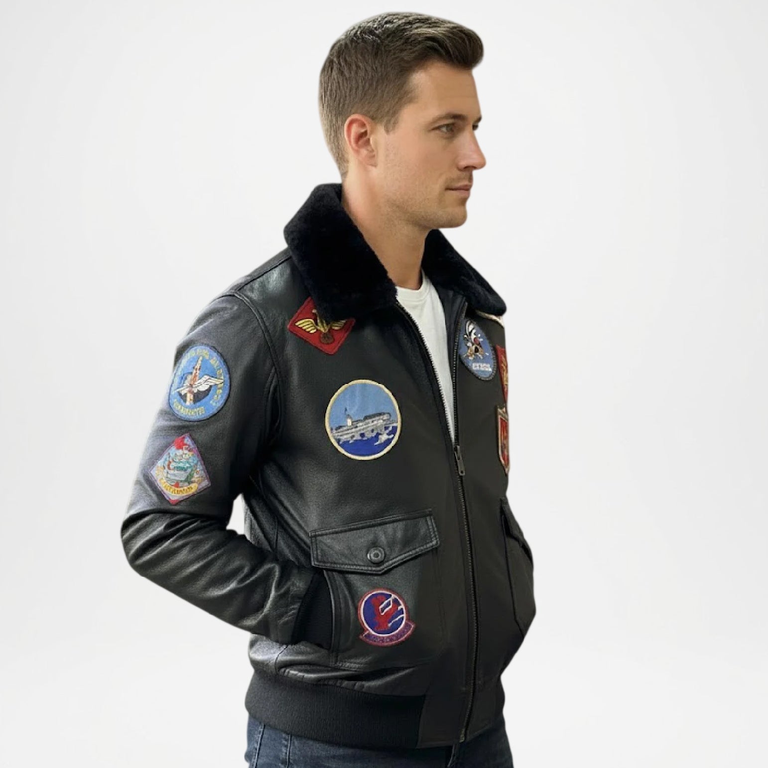 black leather jacket with patches 
