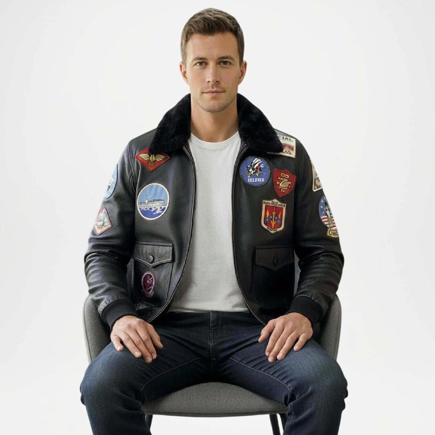 Man wearing a black leather jacket with patches sitting on a chair against a white background