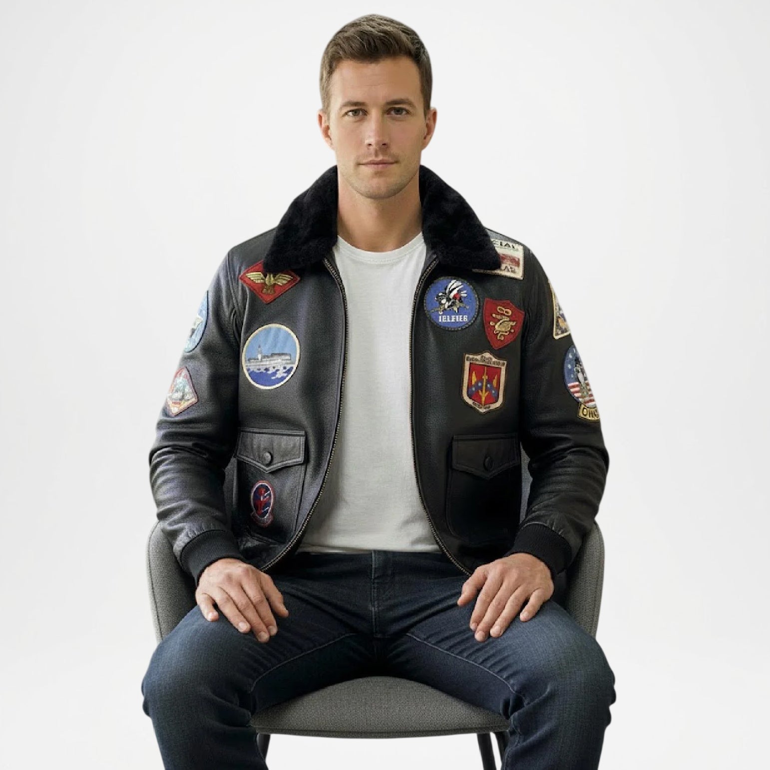 Man wearing a black leather jacket with patches sitting on a chair against a white background