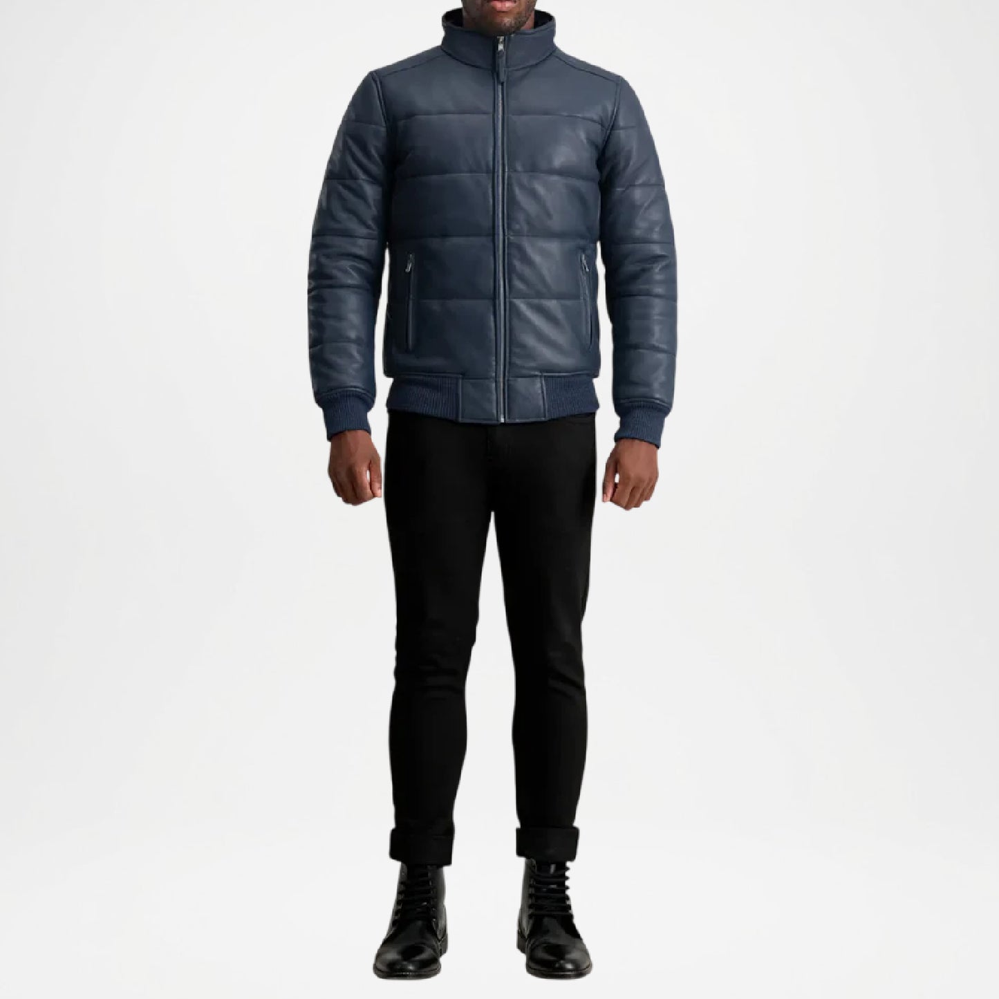 Blue Leather Puffer Jacket Mens