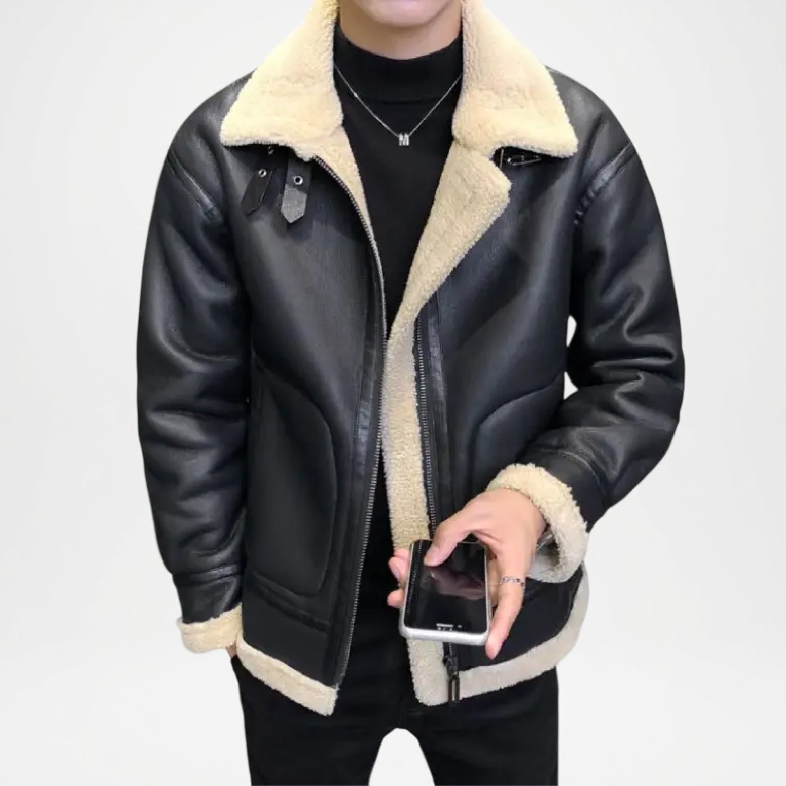 black leather jacket with beige fur lining