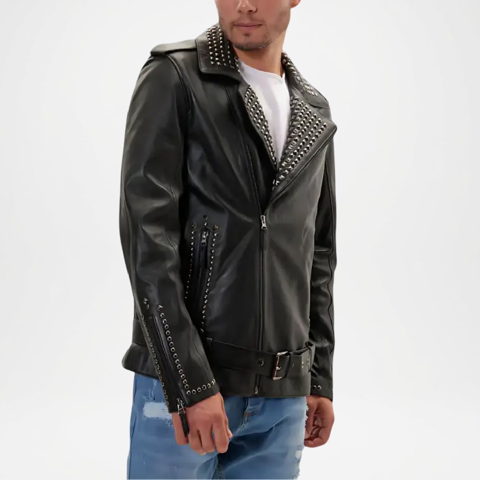 Black Studded Leather Jacket for Men