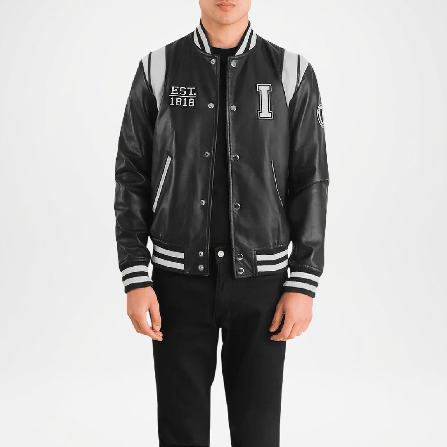 black and white leather letterman jacket