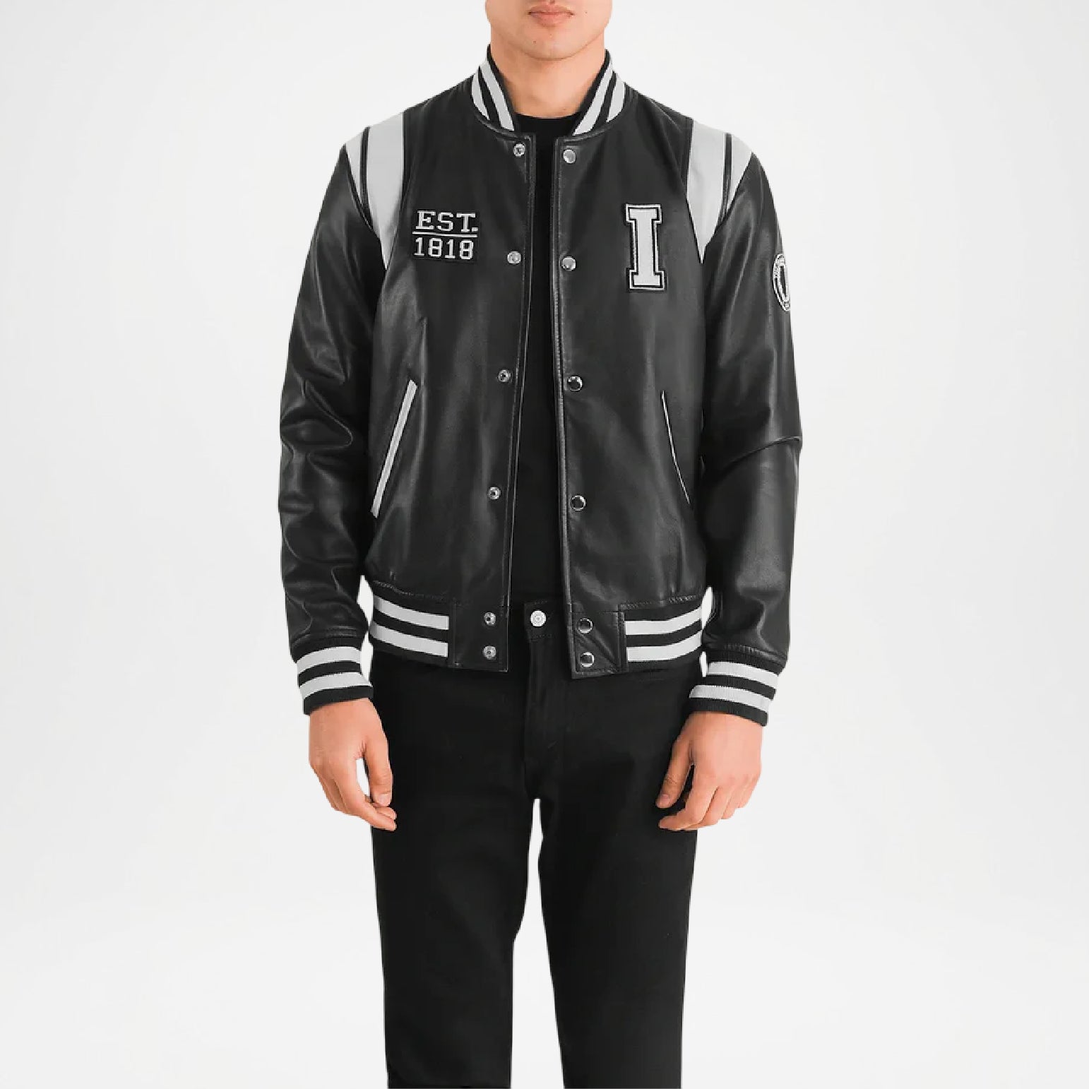 black and white leather letterman jacket